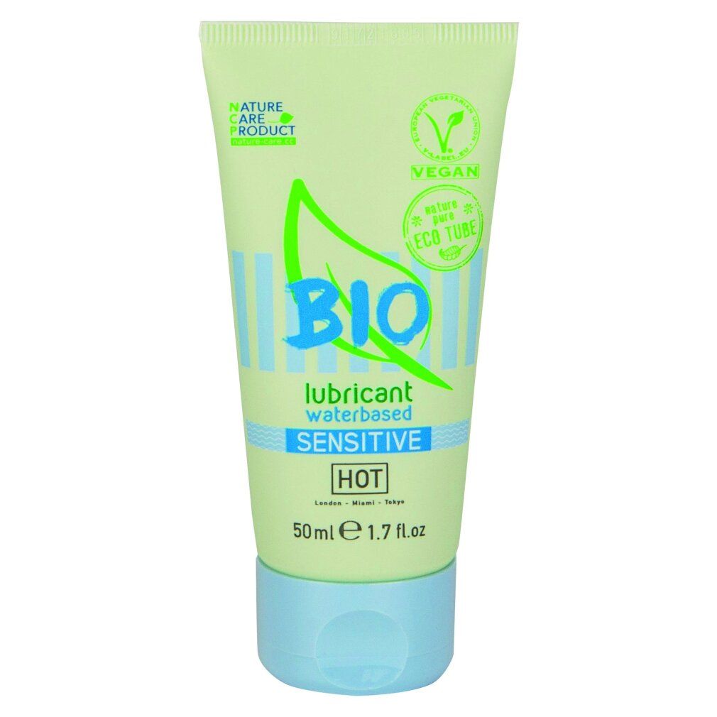 BIO SENSITIVE HOT glijmiddel, waterbasis, 50ml tube. 'Nature Care Product' en 'Vegan' keurmerk.