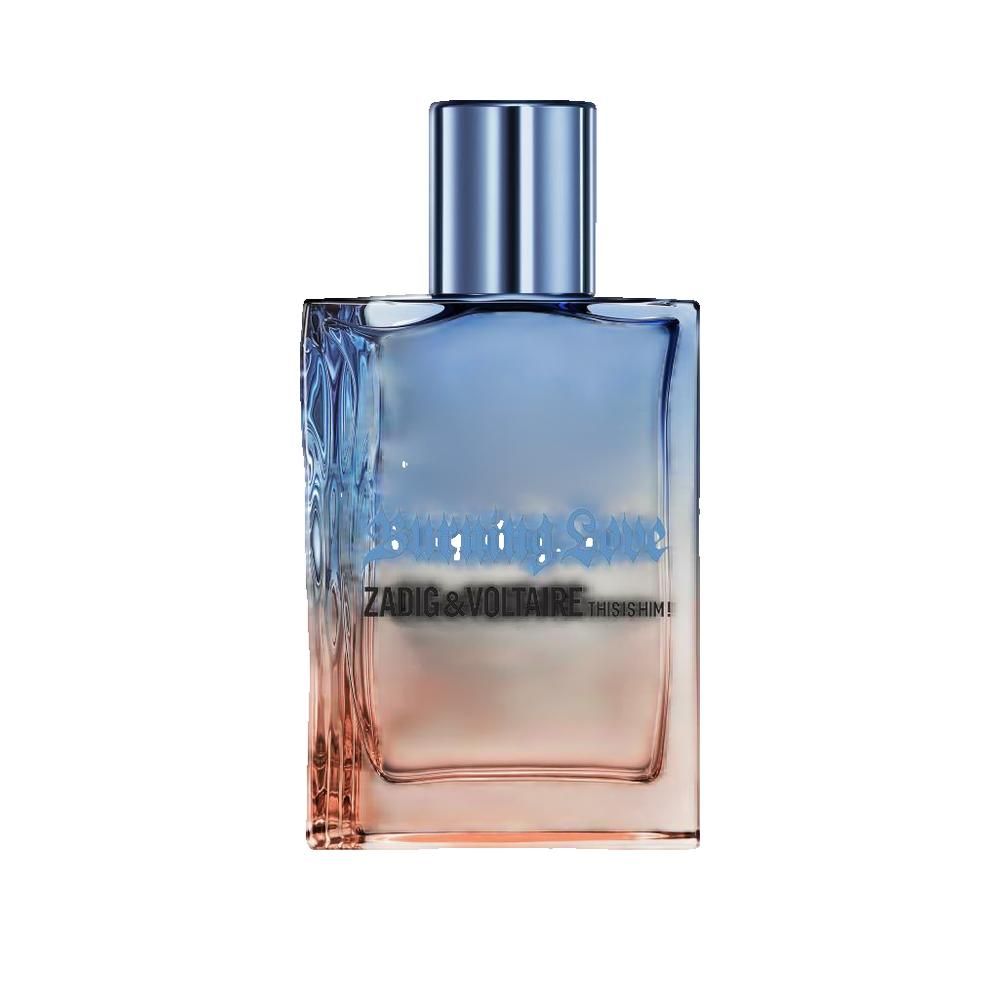 Parfumfles met blauw-oranje kleurovergang. Opschrift: Zadig & Voltaire This Is Him! Burning Love.