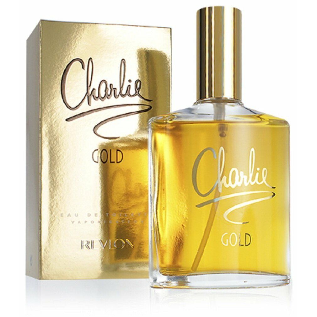 Flacon et boîte dorés. Inscription "Charlie Gold" et "Revlon". Eau de Toilette.