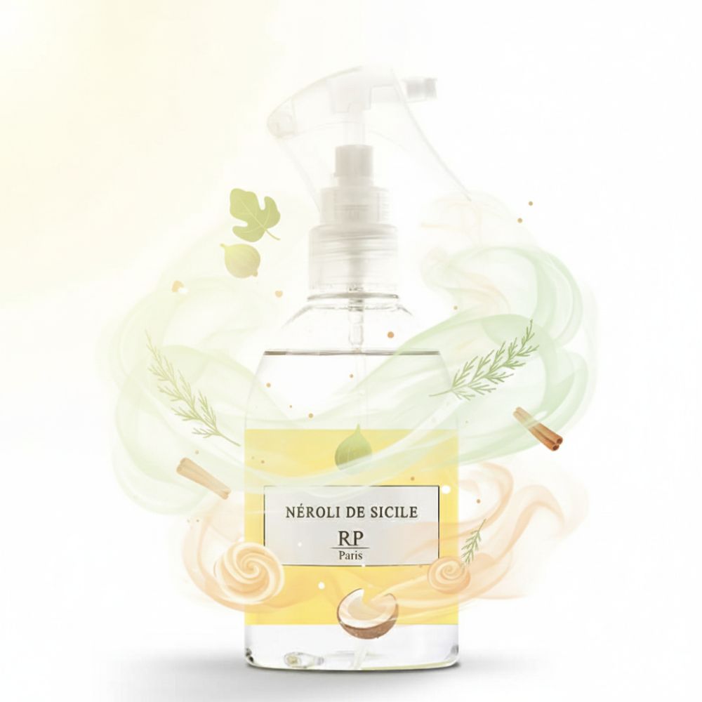 Flacon vaporisateur transparent avec étiquette jaune. Inscription: Néroli de Sicile, RP Paris. Avec éléments décoratifs: feuilles, cannelle, noix de coco et fumée.