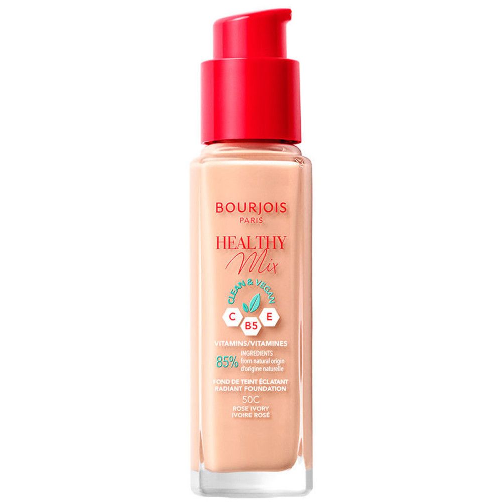 Fles Bourjois Healthy Mix, Rose Ivory. Rode pompdeksel, transparante fles. Opschrift: Healthy Mix, vitaminen, 85% ingrediënten van natuurlijke oorsprong.