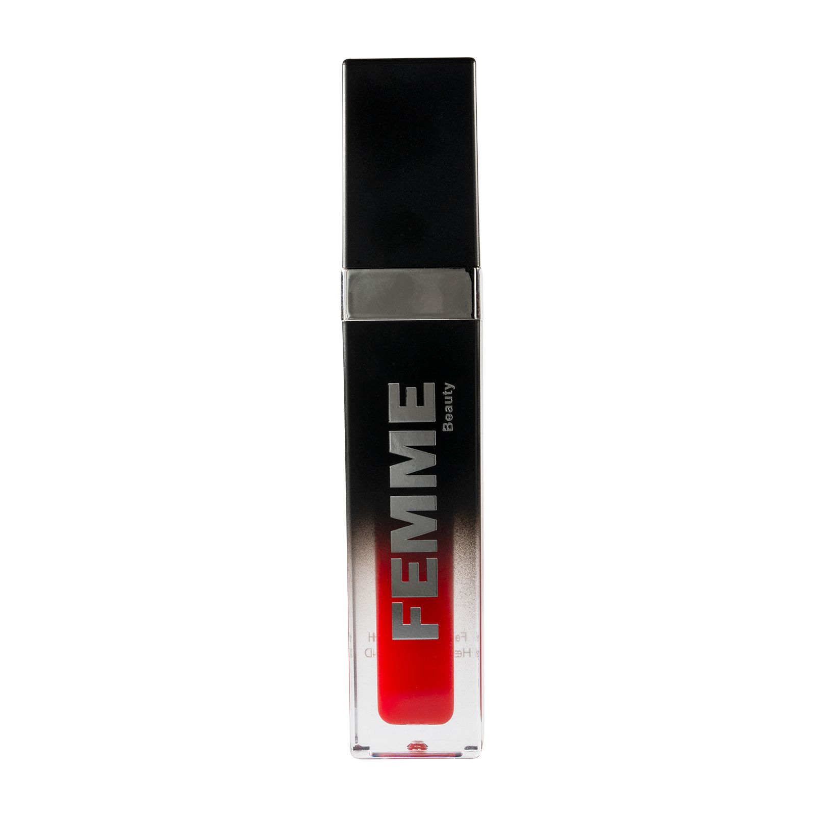 Huile à lèvres FEMME Beauty rouge, dans un tube transparent avec un capuchon noir et un anneau argenté.