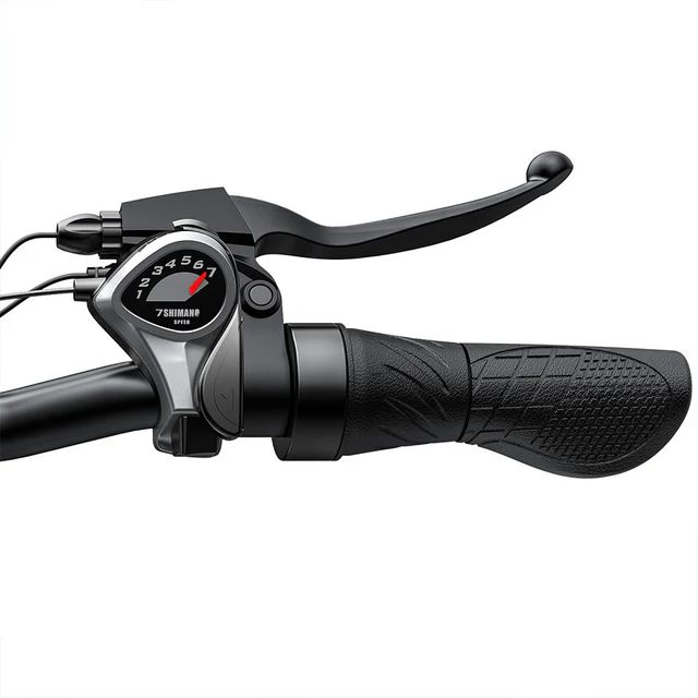 Close-up van het stuur van een e-bike. Zichtbaar: versnellingshendel, remhendel en handvat.