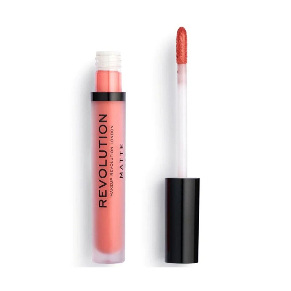 Tube de gloss et applicateur. Tube avec inscription REVOLUTION LONDON MATTE. Applicateur avec gloss rose.