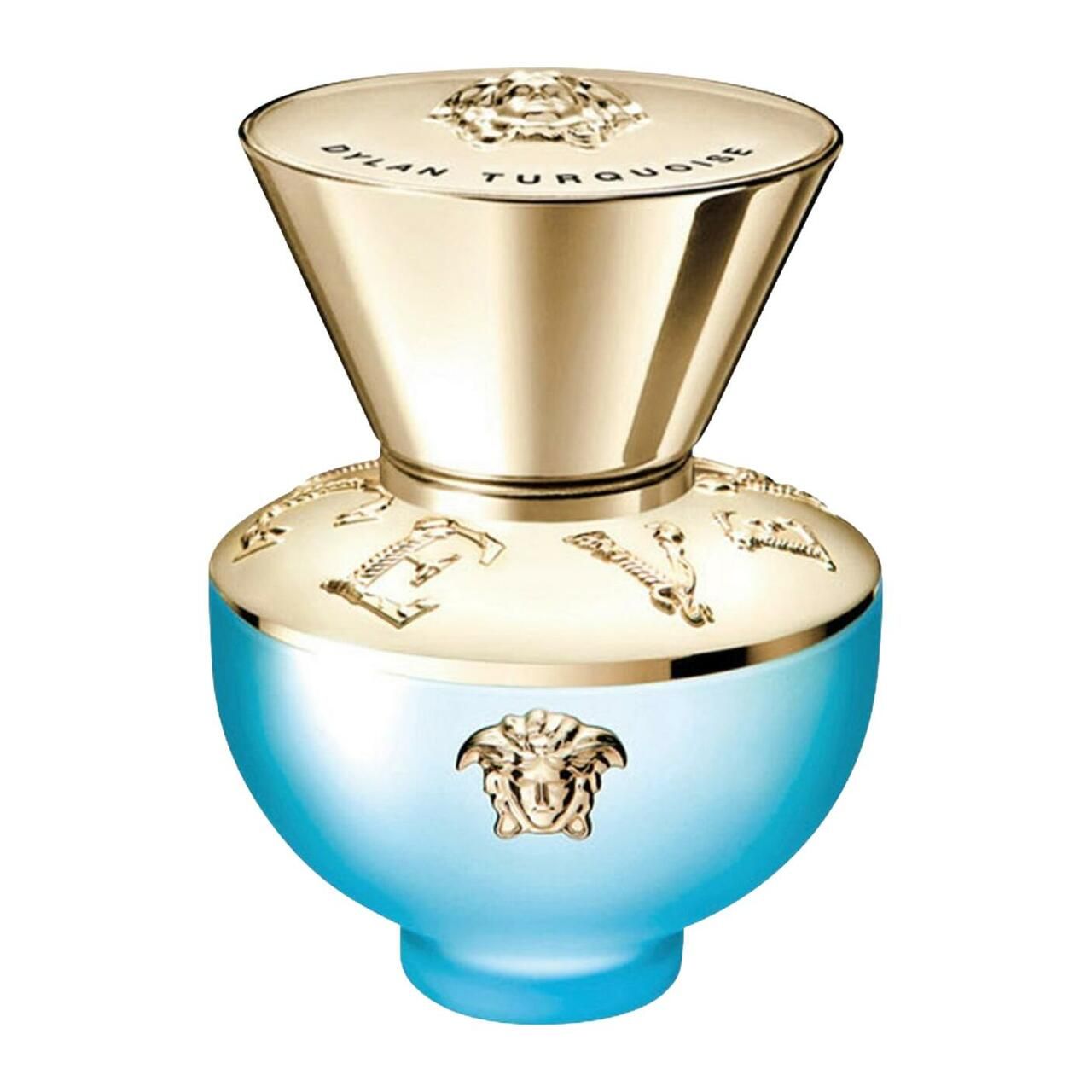 Flacon turquoise avec bouchon doré. Logo Versace sur le flacon. Fond blanc.