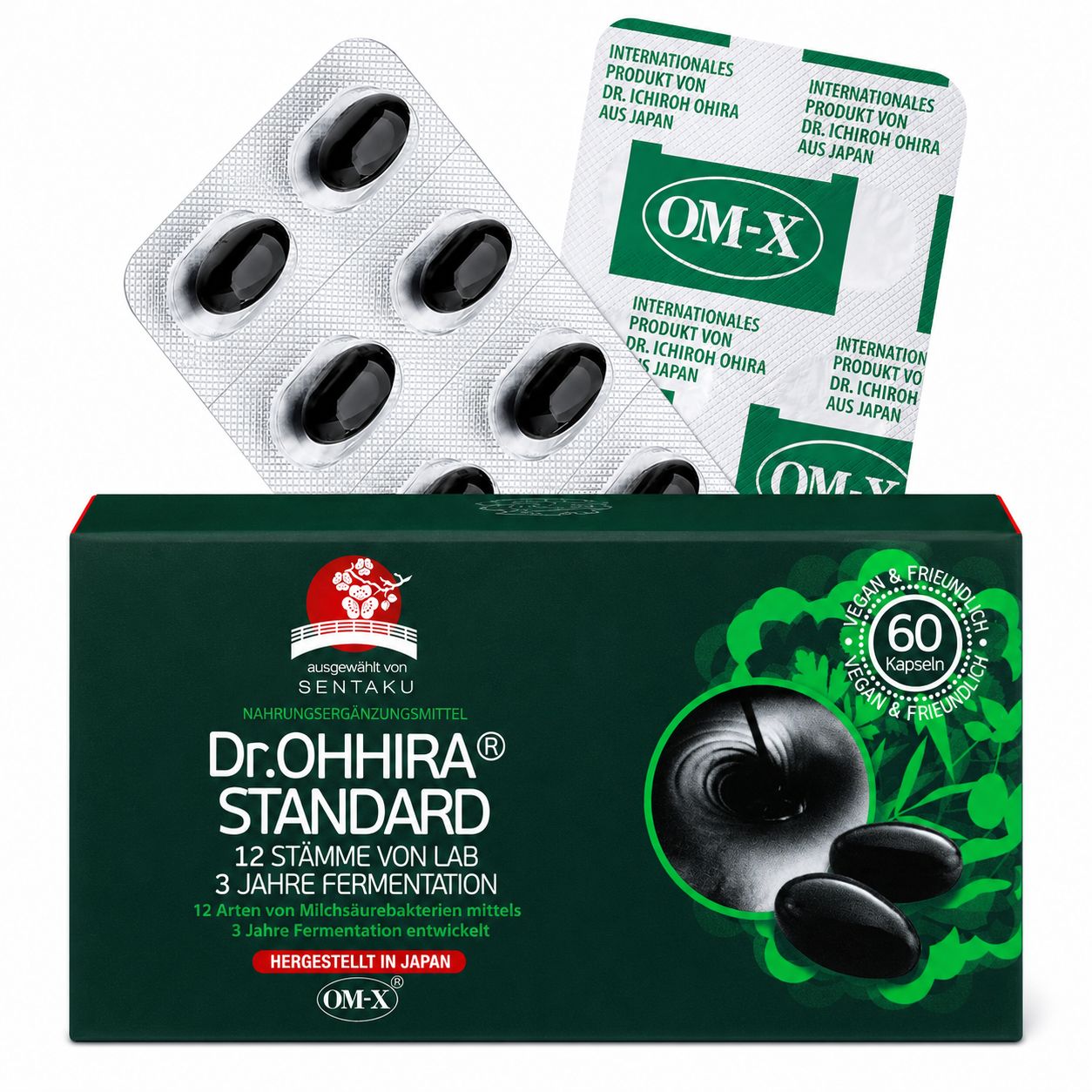 Gélules Dr.OHHIRA STANDARD en blister et boîte. 60 gélules, véganes et respectueuses.