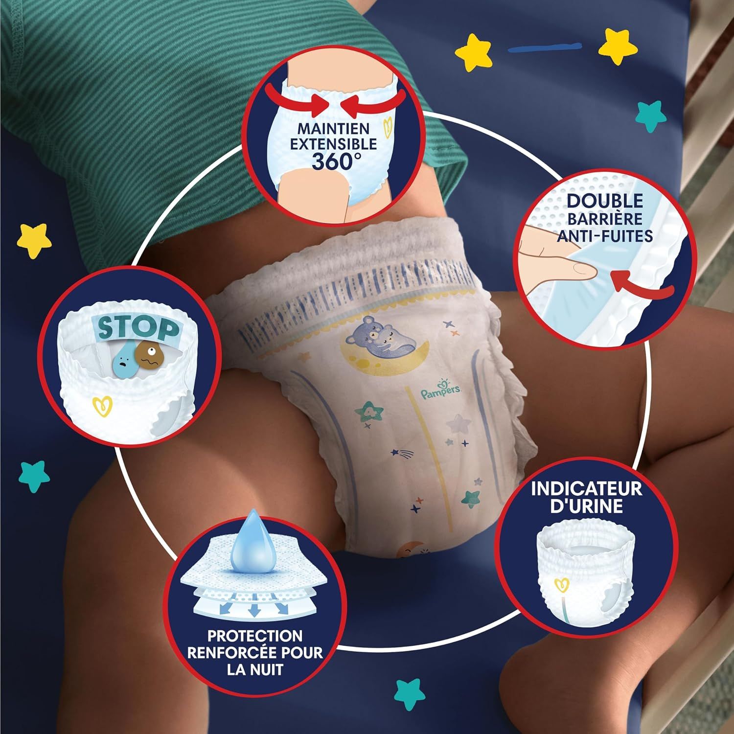Caractéristiques Pampers Baby-Dry Pants nuit: maintien 360°, protection.