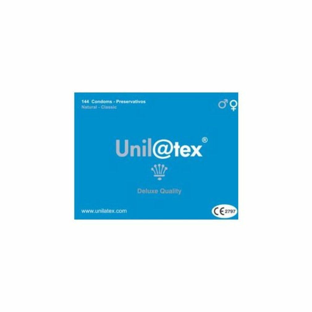 Emballage bleu Unilatex. Inscriptions : 144 préservatifs, Natural Classic, Deluxe Quality, marquage CE, logo.