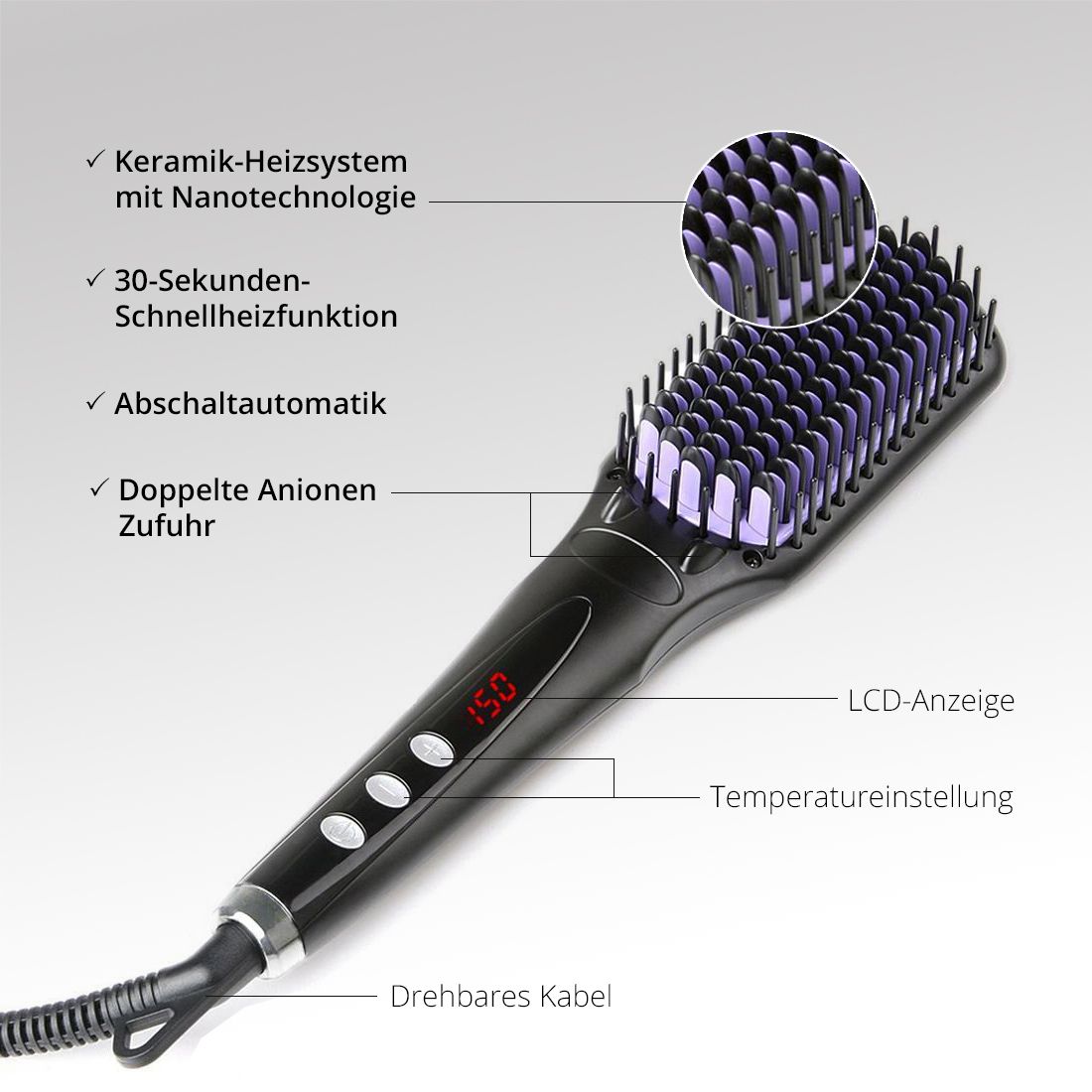 Brosse lissante ionique AILORIA avec texte. Système de chauffage en céramique, chauffage rapide 30 secondes, arrêt automatique, double apport d'anions.