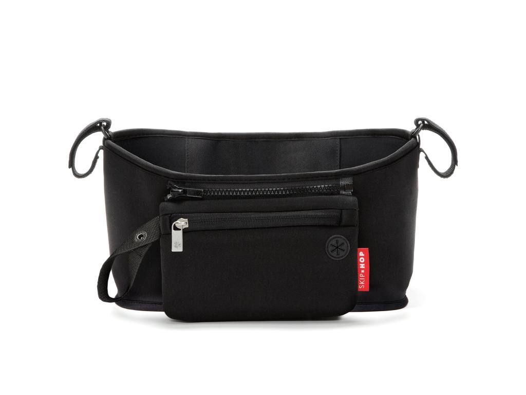 Organisateur de poussette noir avec poche zippée et poignées. Logo Skip Hop visible.