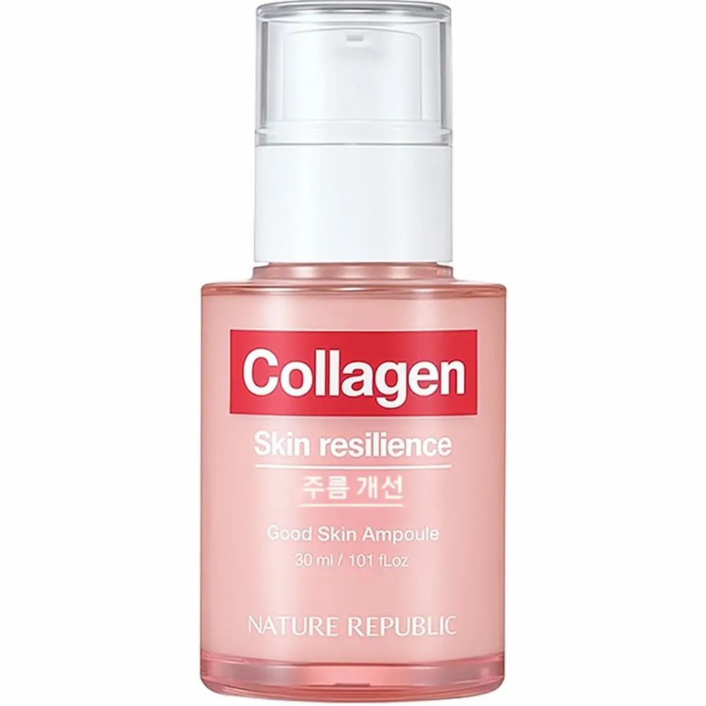 Flacon en verre rose avec bouchon pompe blanc. Inscription "Collagen Skin resilience" et "NATURE REPUBLIC".