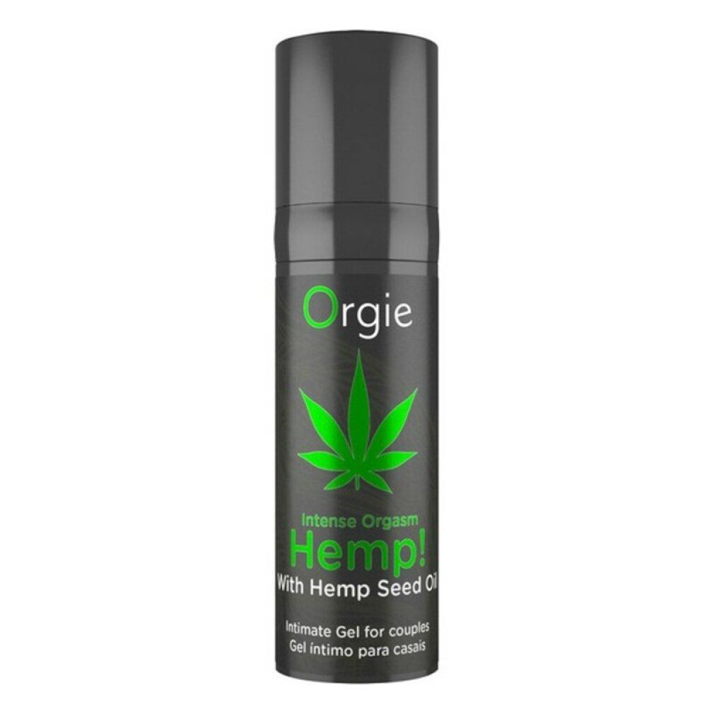Flacon gris foncé avec étiquette verte. Texte : Orgie, Intense Orgasm Hemp!, symbole feuille de chanvre. Gel intime pour couples.