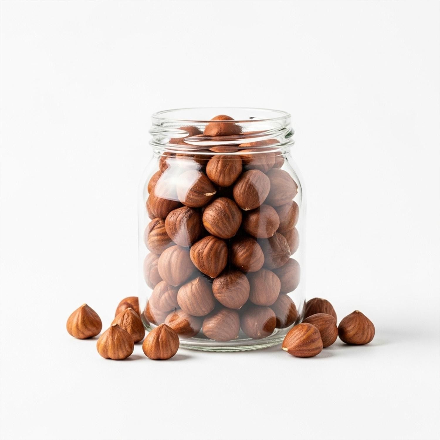 Een pot gevuld met hazelnoten, enkele noten liggen ernaast.