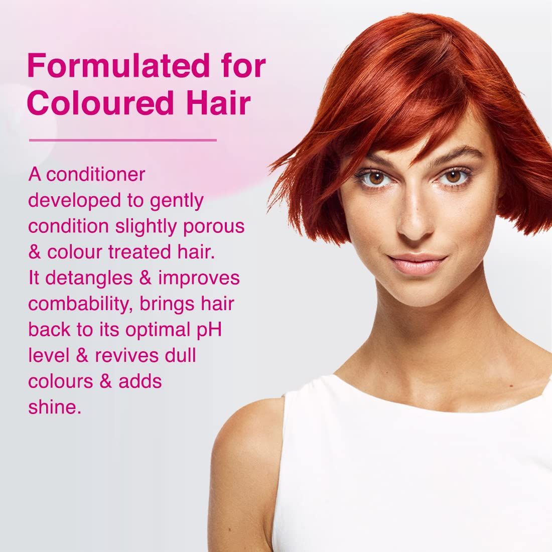 Vrouw met rood haar. Tekst: "Formulated for Coloured Hair". Beschrijving van de conditioner.
