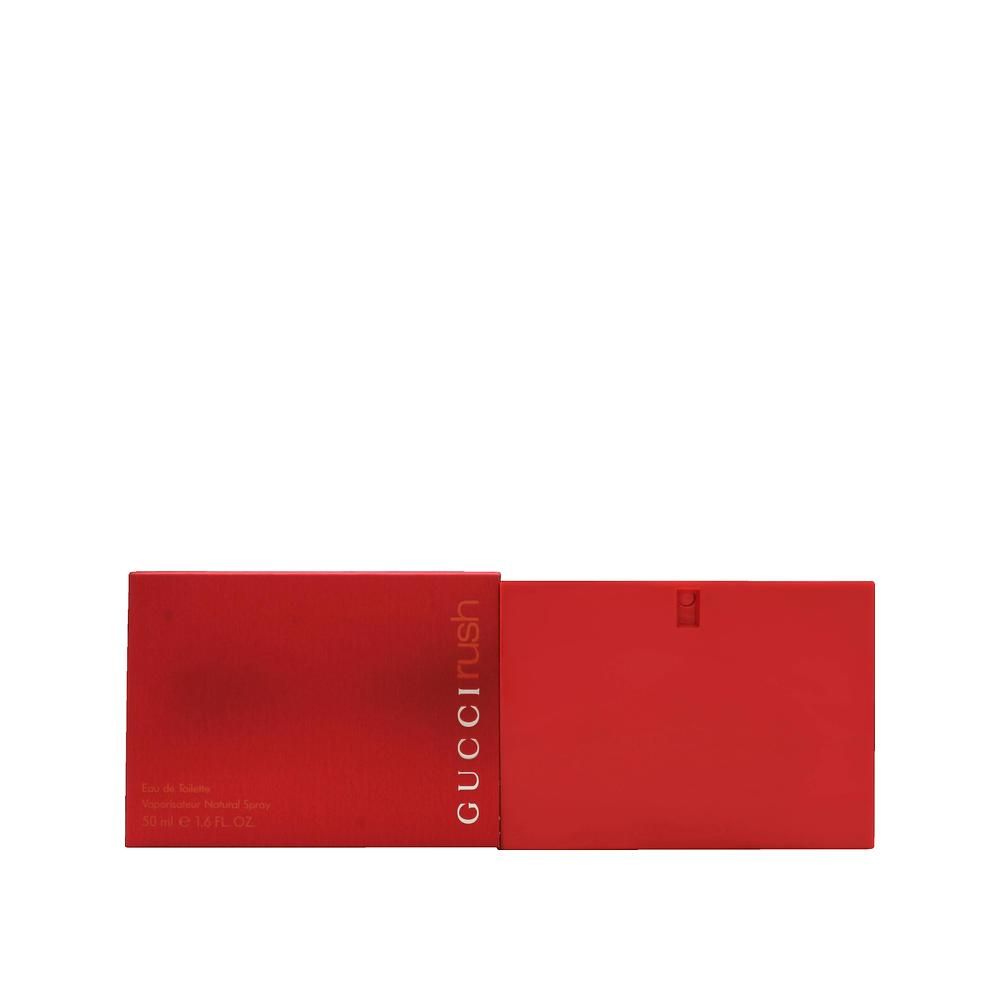 Rode rechthoekige verpakking, Gucci Rush, Eau de Toilette pour Femme. Tekst op de verpakking.