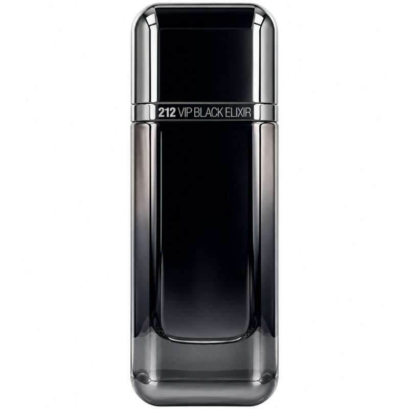 Zwarte flacon met zilveren dop en zilveren band met opschrift "212 VIP BLACK ELIXIR".