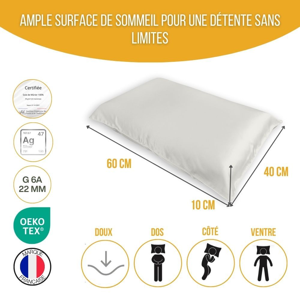 Oreiller blanc avec dimensions 60x40x10 cm. Certifications : Oeko-Tex, drapeau français.