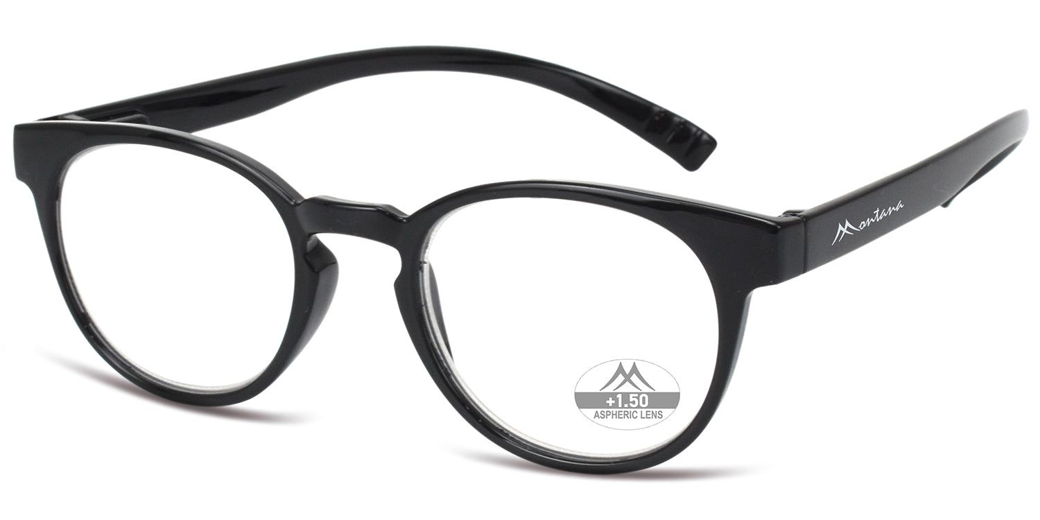 Lunettes noires à verres ronds. "Montana" sur la branche. "+1.50 ASPHERIC LENS" sur un verre.