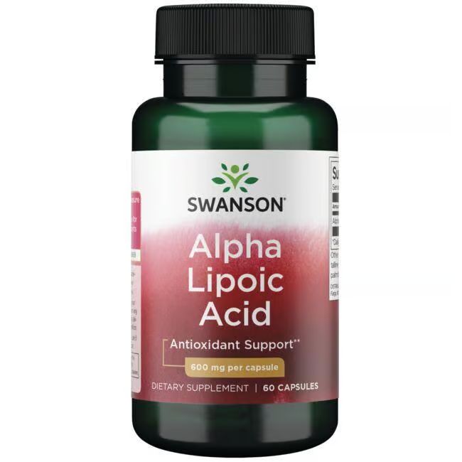 Flacon vert avec bouchon noir. Inscription: SWANSON Alpha-Liponsäure, 600 mg par capsule. 60 capsules.
