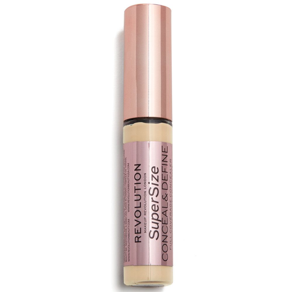 Flacon de correcteur avec bouchon or rose. Inscription: Super Size Conceal & Define.