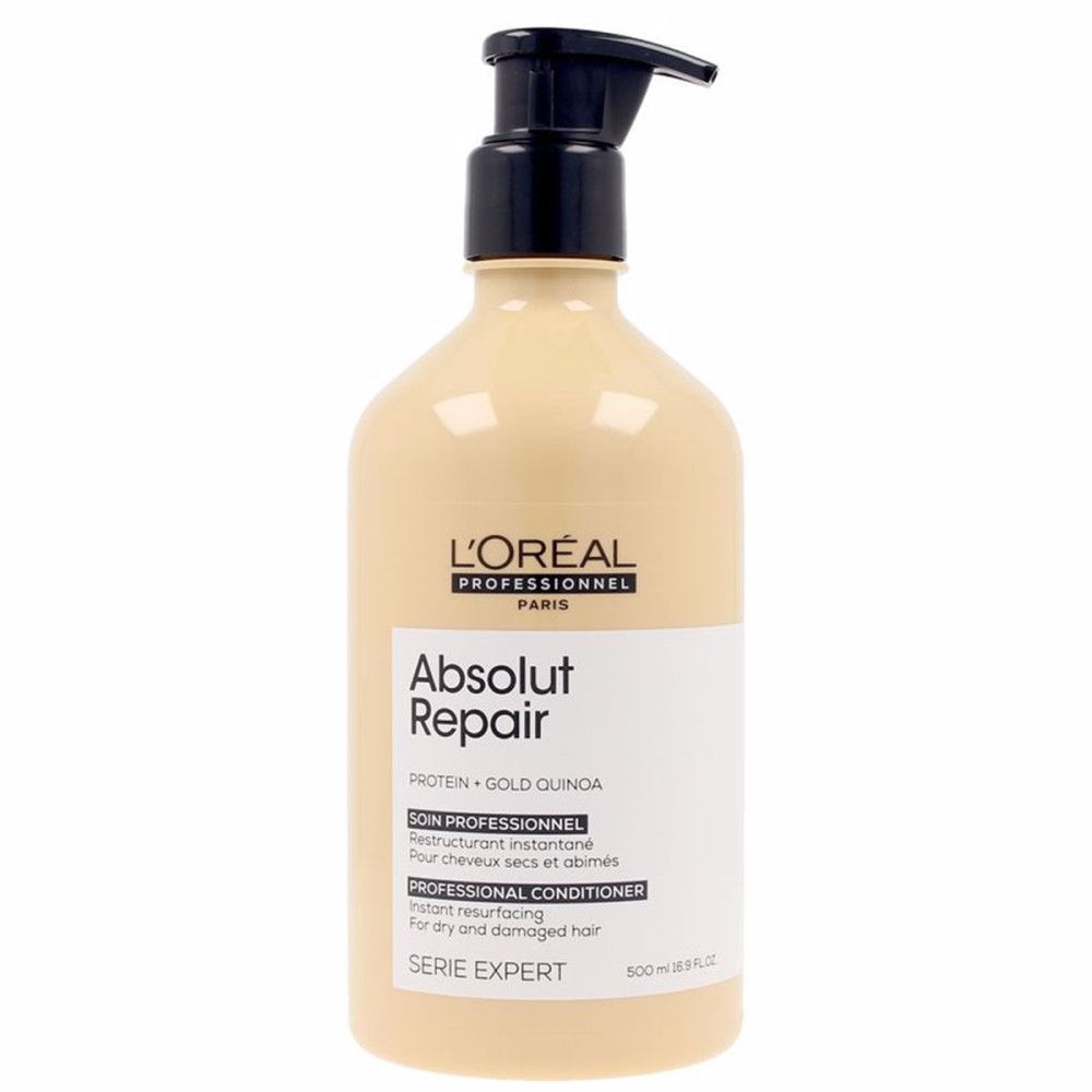 Beige fles met zwarte pomp. Opschrift: L'Oréal Professionnel, Absolut Repair, Serie Expert. Voor droog en beschadigd haar.