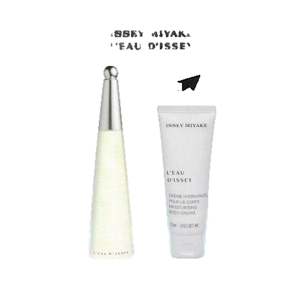 Twee producten: fles en tube. Kegelvormige fles, zilveren dop. Witte tube, opschrift L'Eau d'Issey.