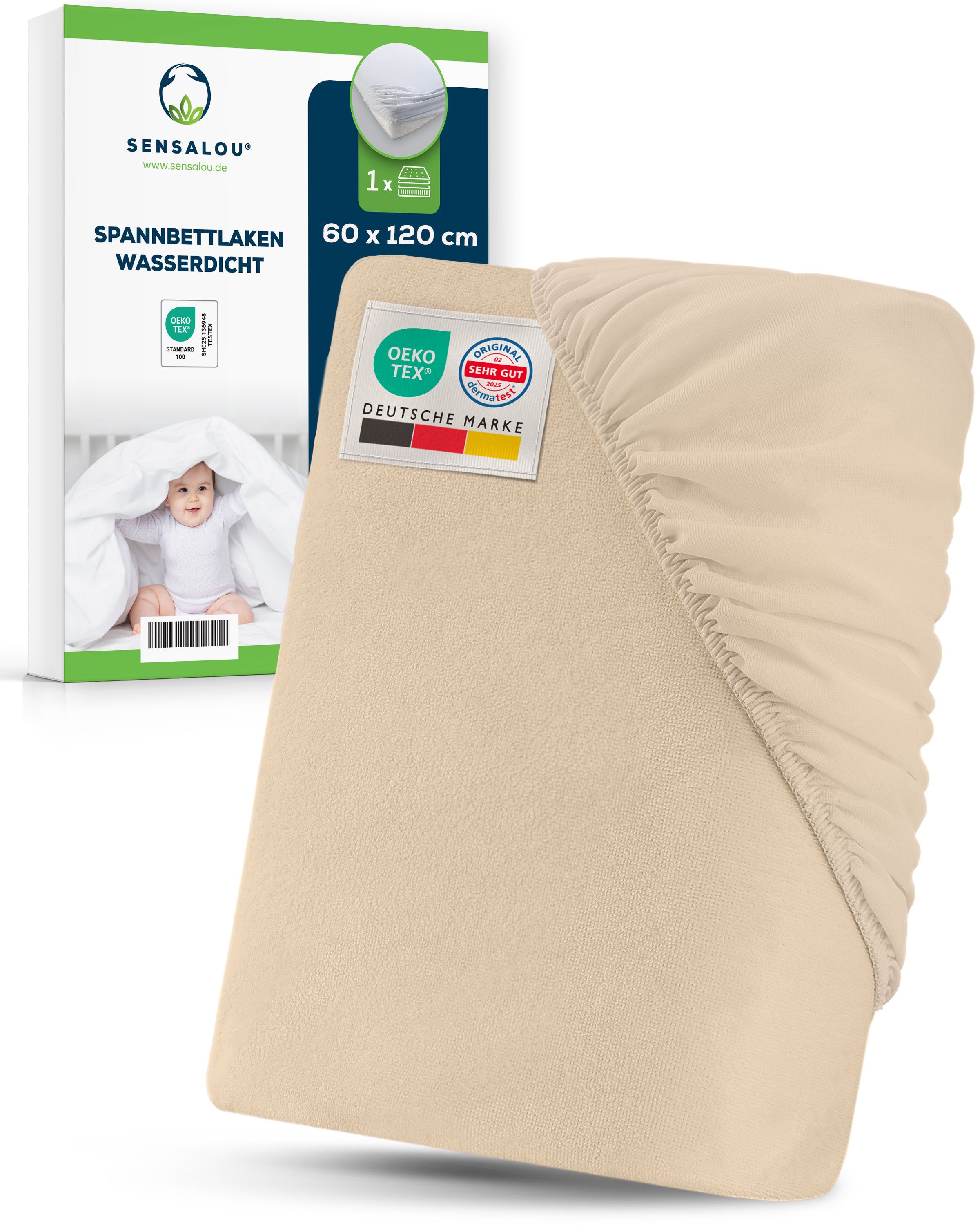 Drap-housse beige, 60x120 cm, imperméable, certifié Öko-Tex.