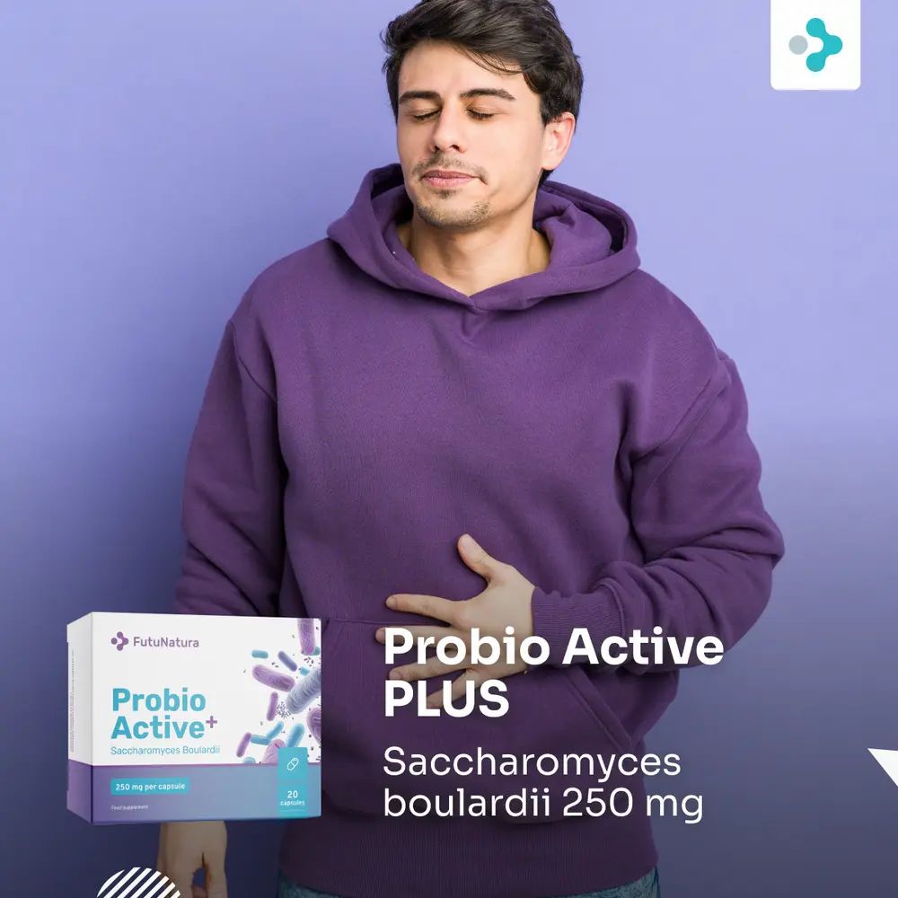 FutuNatura Probio Active PLUS : boîte, capsules et bactéries.