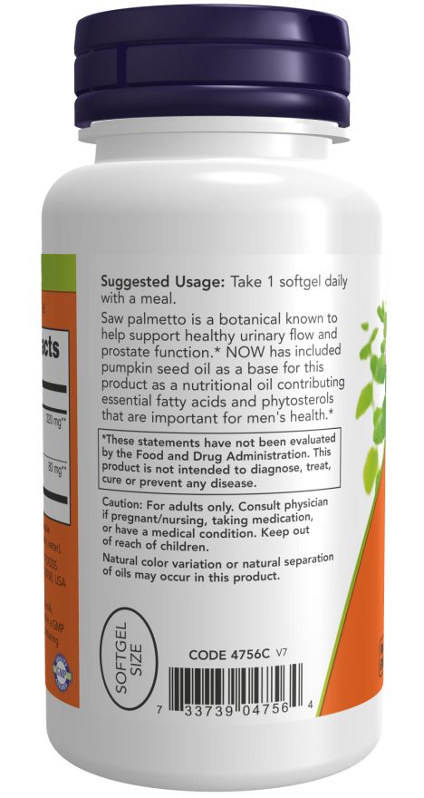 Achterkant van een witte fles met blauwe dop. Oranje etiket met productinformatie. Opschrift: Saw Palmetto Extract 320 mg.