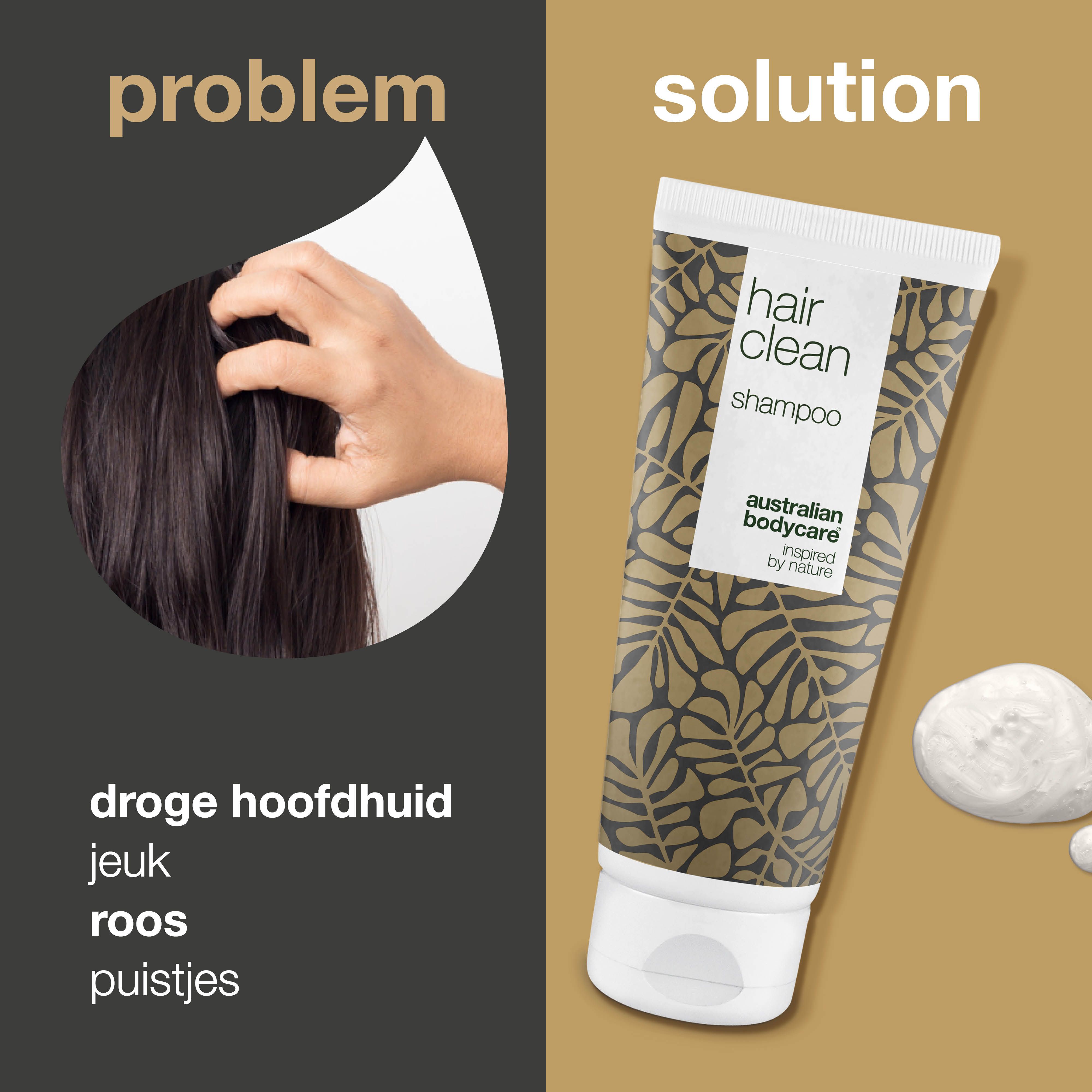 Vergelijking van haar met problemen en oplossing. Tube met "hair clean shampoo".