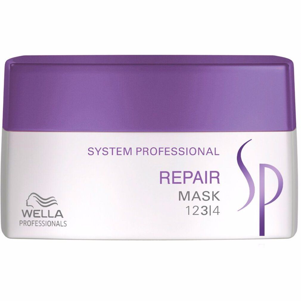 Rechthoekige pot met paars deksel. Opschrift: System Professional Repair Mask. Logo Wella. Witte pot met paars deksel.