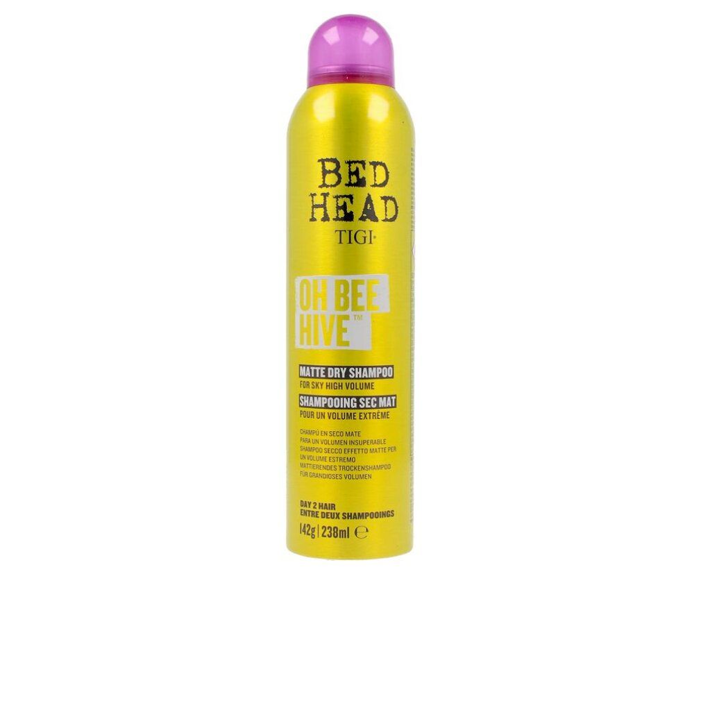 Tigi Bed Head Oh Bee Hive Matte Dry Shampoo dans une boîte jaune avec un bouchon rose.
