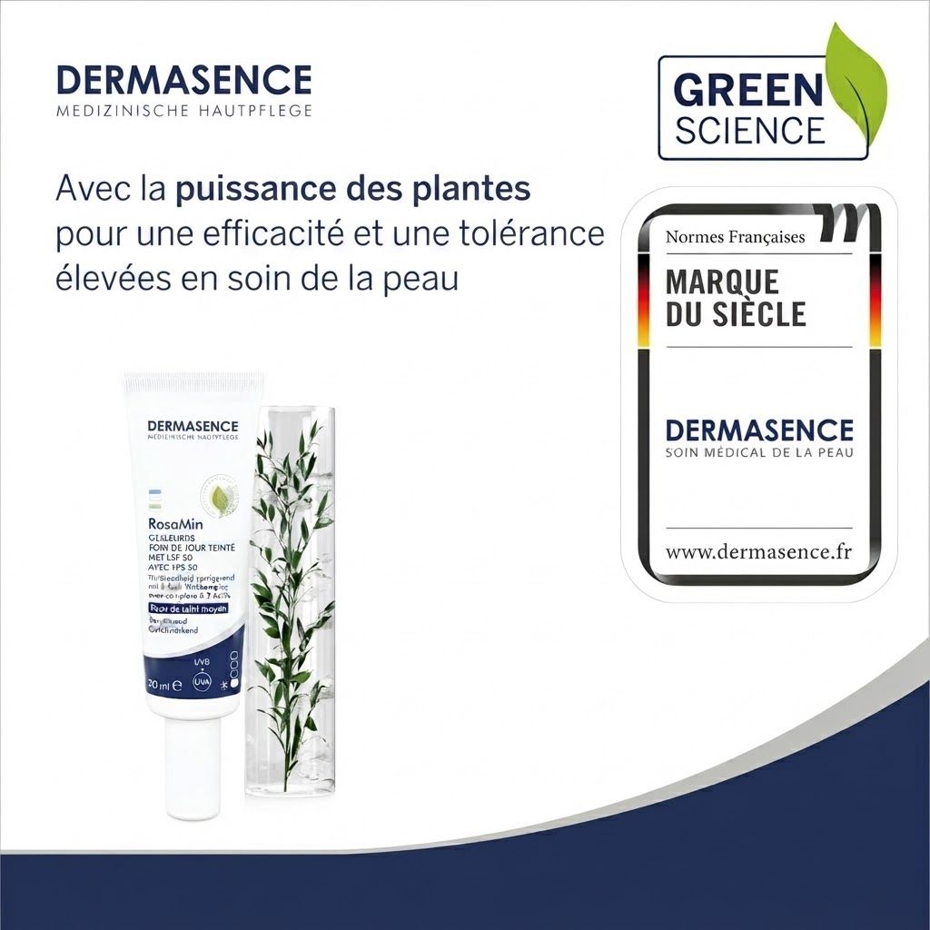 Dermosence RosaMin soin de teint jour avec SPF 30. À côté, un verre avec des plantes. À droite, un sceau "Marque du Siècle".