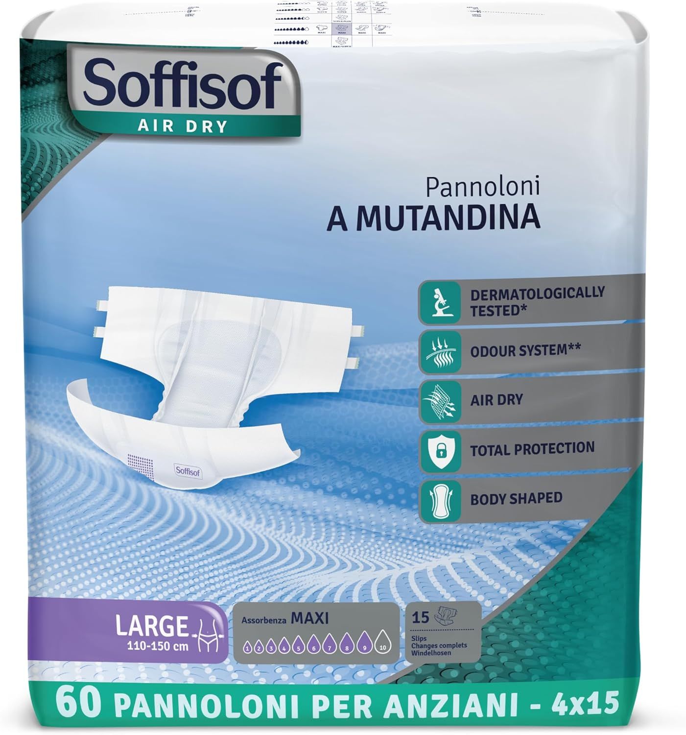 Couches adultes Soffisof Air Dry Maxi. Emballage bleu avec couche blanche. Taille Large, 110-150 cm.