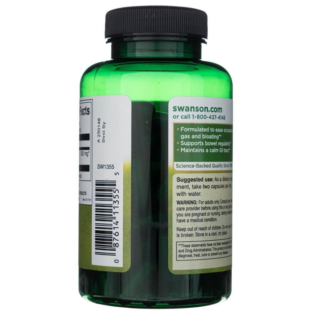 Zijkant van een groene fles Swanson Actieve Kool met gebruiksinstructies en waarschuwingen.