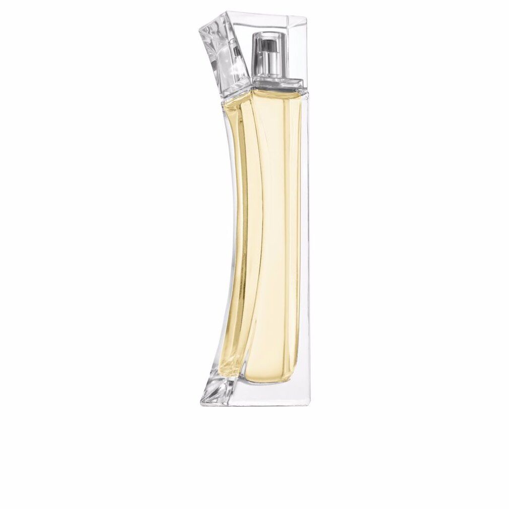 Parfumflesje met gebogen vorm. Gelige vloeistof in transparant flesje met zilveren verstuiver.