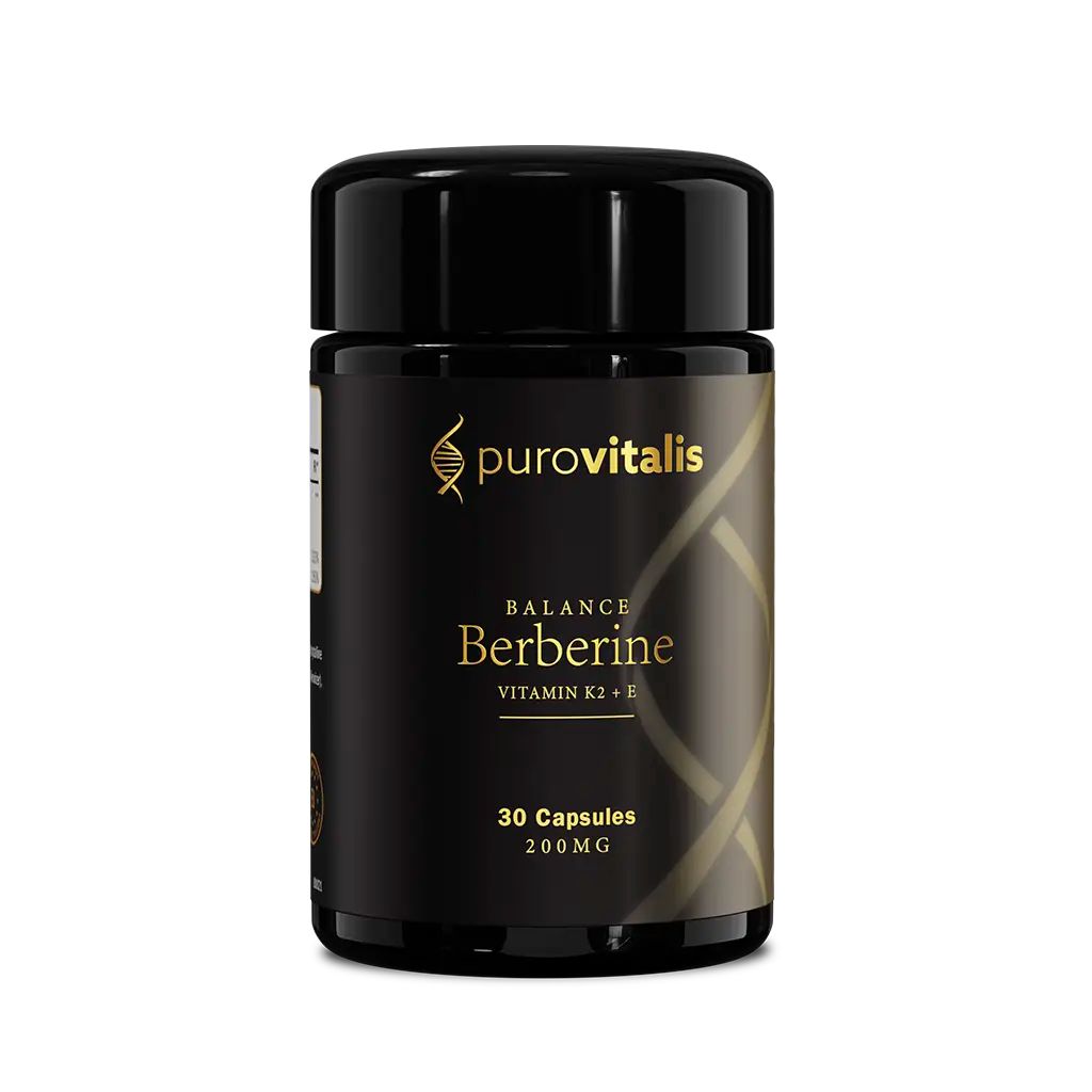 Zwarte pot met gouden etiket. Opschrift: "purovitalis", "Berberine", "30 Capsules, 200MG".