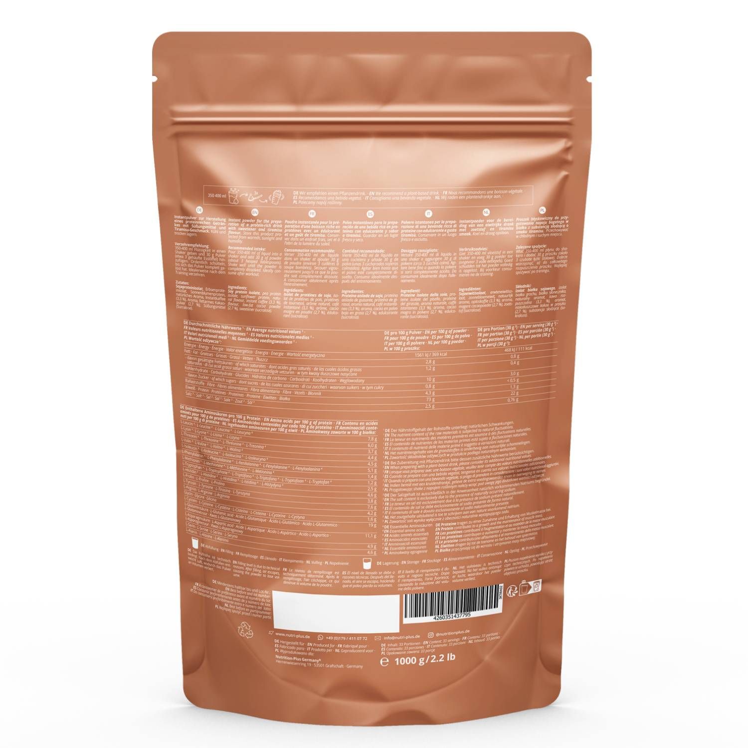 Achterkant van een bruine zak. Tekst met voedingswaarde en ingrediënten. Onder: 1000 g / 2.2 lbs.