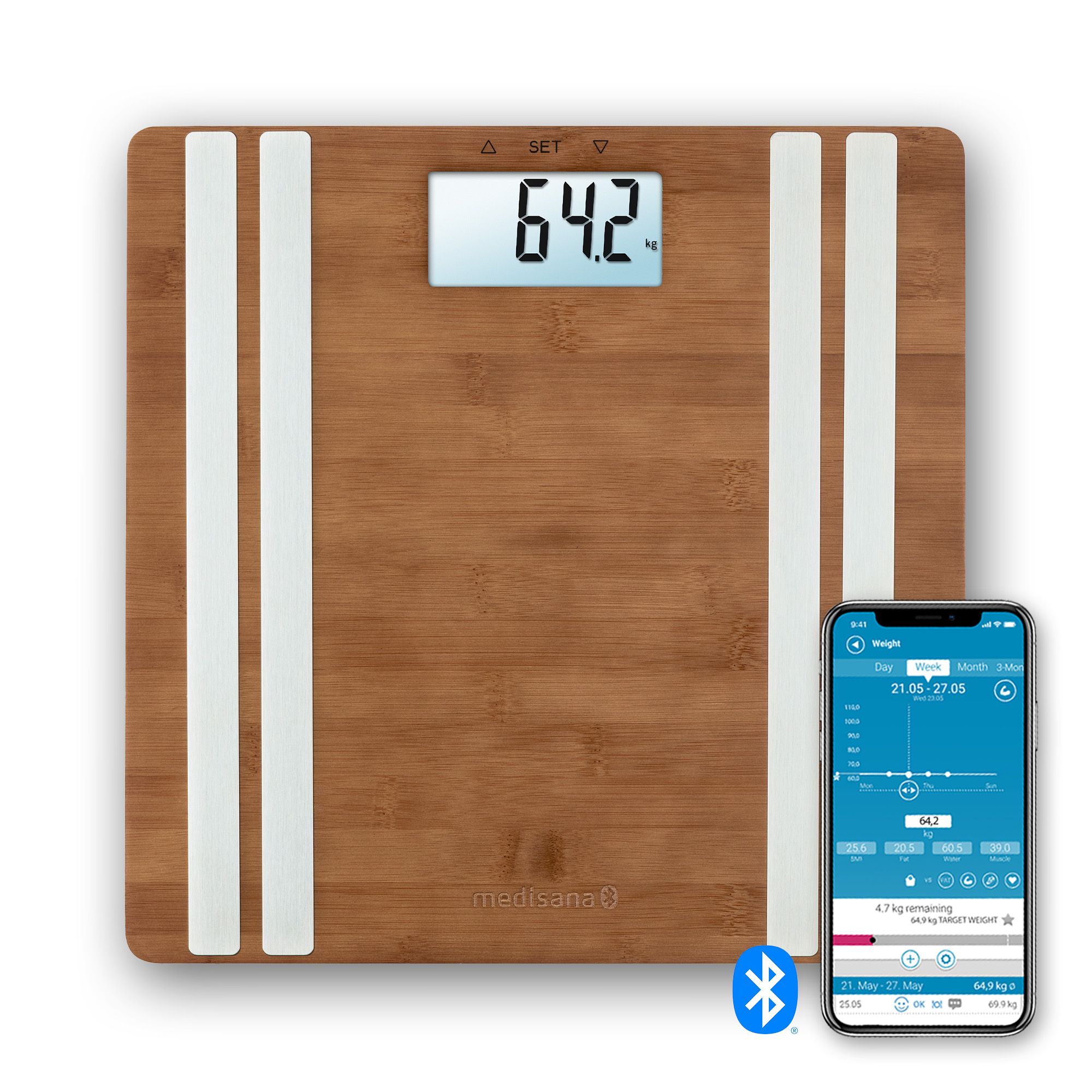 Bamboe lichaamsanalyse weegschaal met display en smartphone app weergave.