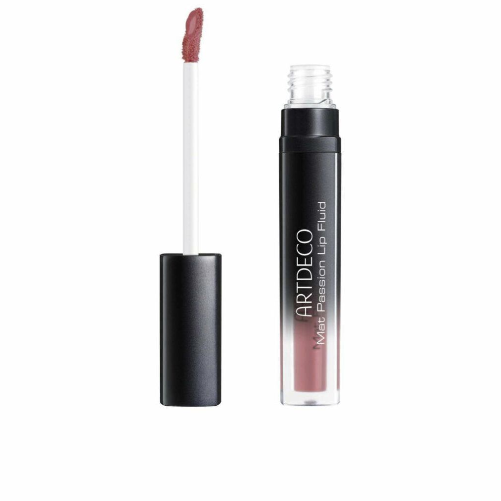 Artdeco Mat Passion Lip Fluid, open flesje met applicator. Zwarte dop, transparante huls, roze inhoud. Tekst: Mat Passion Lip Fluid.