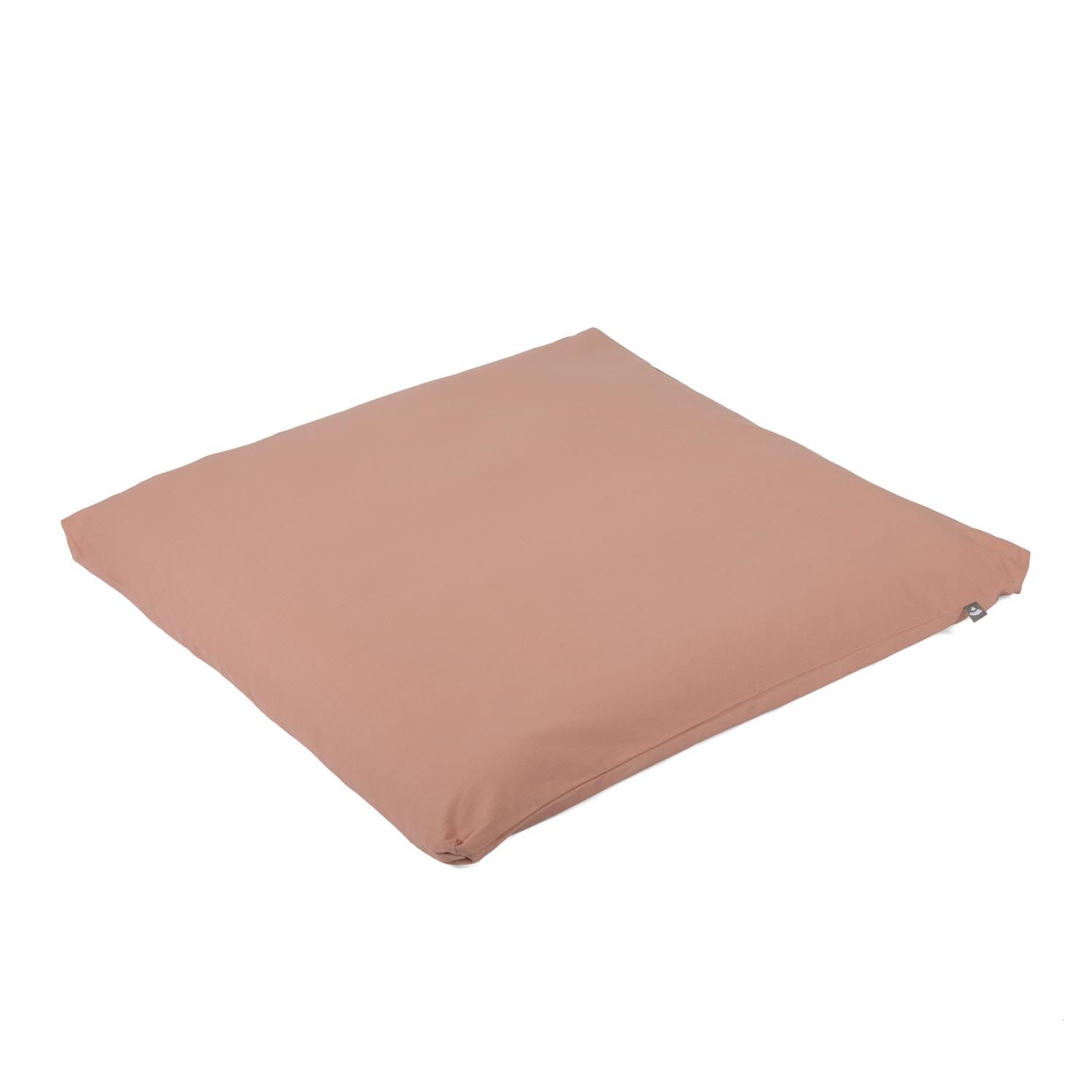 Roze meditatiemat Zabuton ECO, vierkant, met ritssluiting aan de zijkant en merklogo.