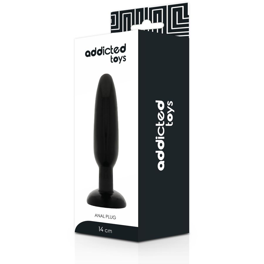 Zwarte anale plug, 14 cm lang, in verpakking met 'addicted toys' logo.
