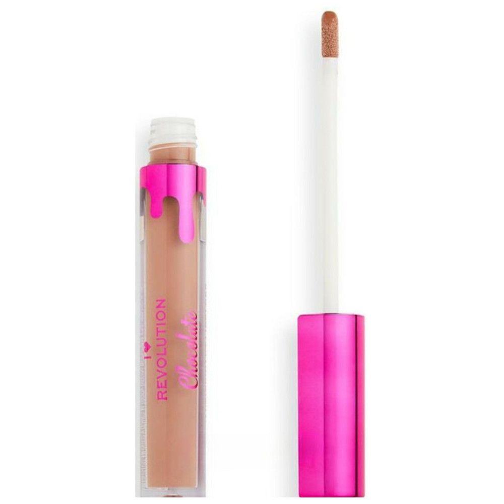 Rouge à lèvres liquide avec bouchon et applicateur roses. Inscription : I Love Revolution Chocolate. Couleur beige clair.