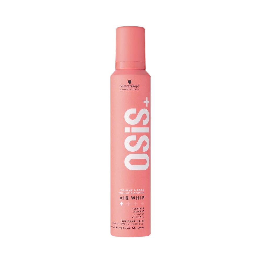 Roze spuitfles met witte tekst OSiS+ en Schwarzkopf logo. Tekst: Volume & Soft, Air Whip, Flexible Mousse.