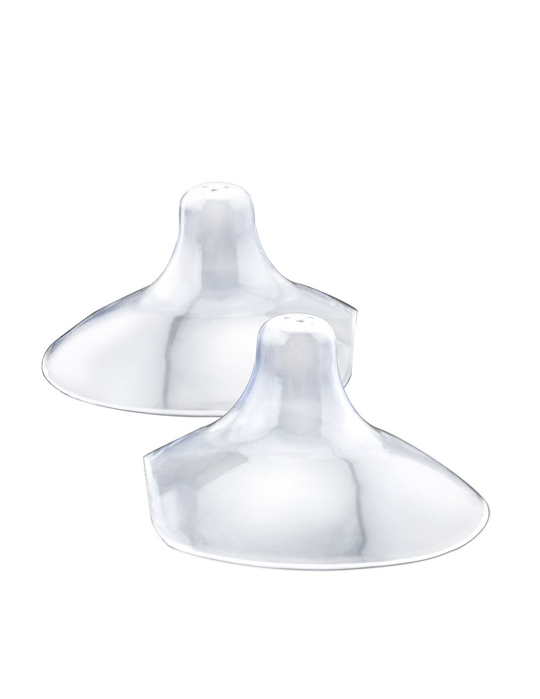 Deux téterelles transparentes. Chacune a une base ronde et une pointe conique avec des trous.