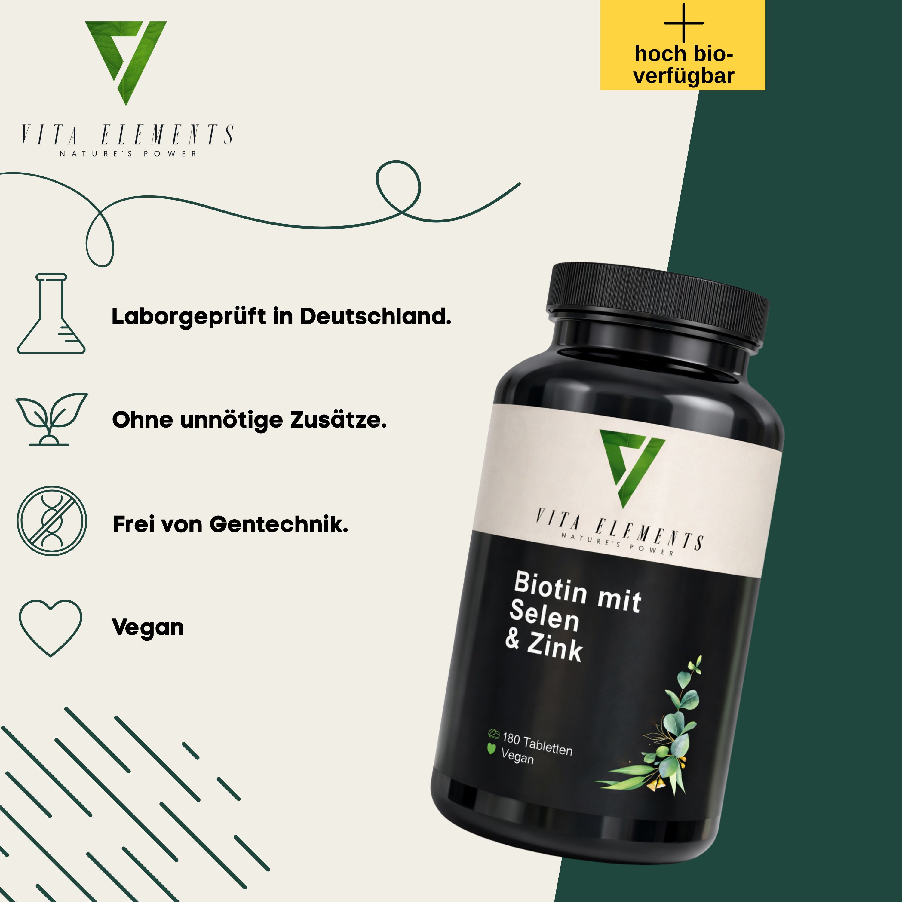 Flacon noir Vita Elements Biotine avec Sélénium & Zinc. 180 comprimés, végétalien. Logos: Testé en laboratoire, sans OGM, végétalien.