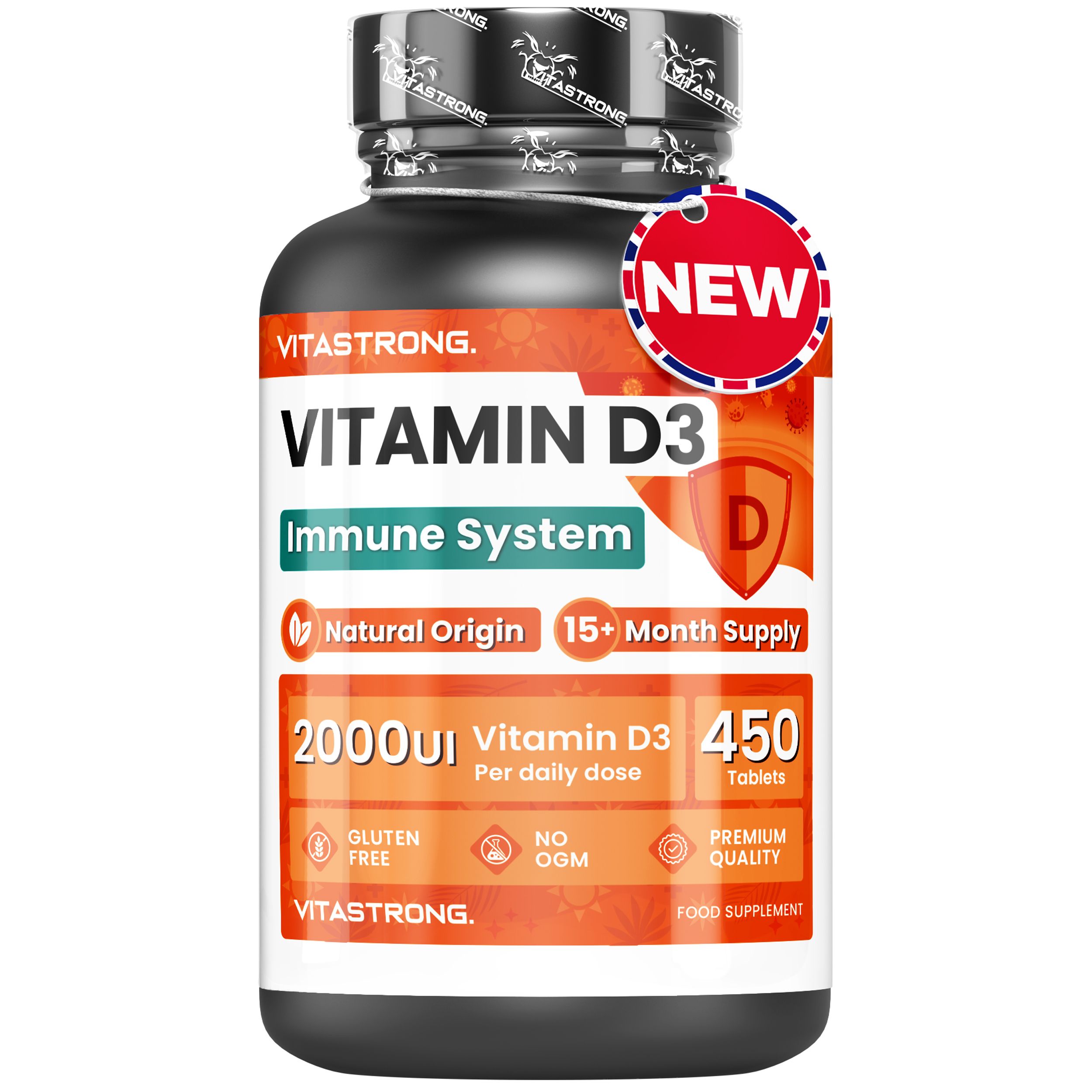 Fles met vitamine D3 tabletten. Bevat 450 tabletten. Met 'NEW' sticker.
