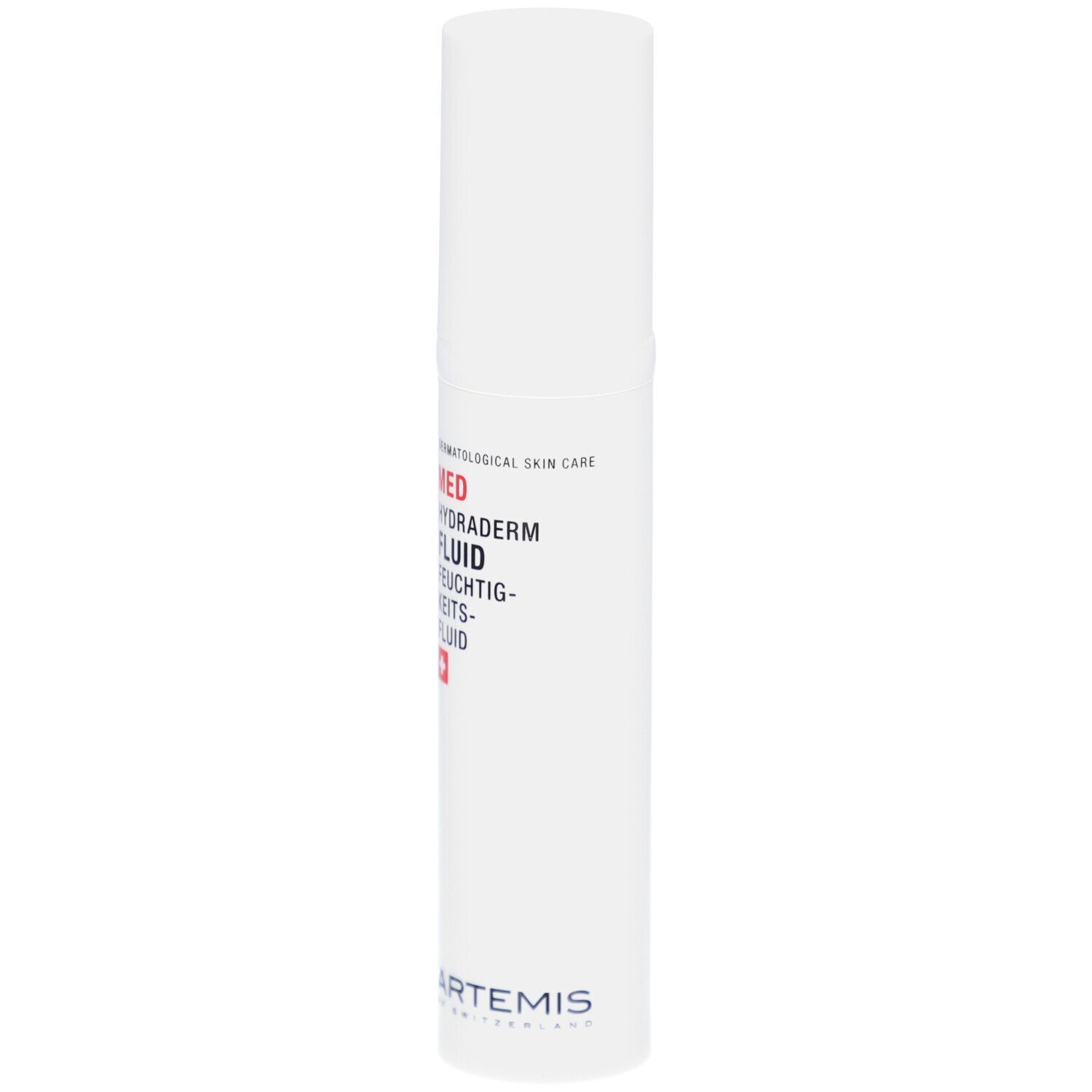 Flacon blanc avec texte rouge MED Hydraderm Fluid. Croix suisse. Logo Artemis.
