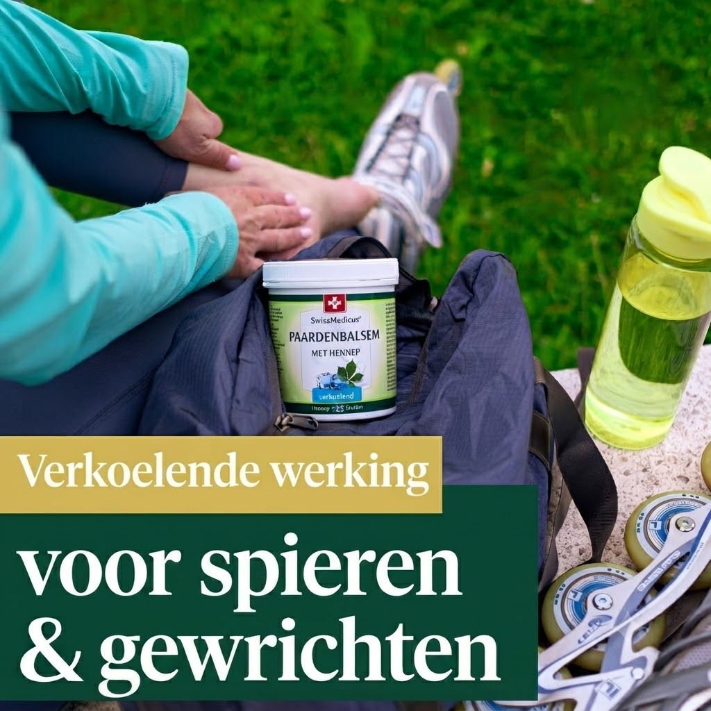 Een witte pot paardenbalsem met hennep, naast een waterfles en skeeleraccessoires.