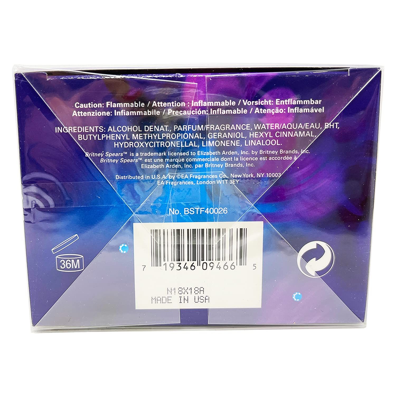 Dos de l'emballage. Contient des informations sur les ingrédients, les avertissements et le fabricant.